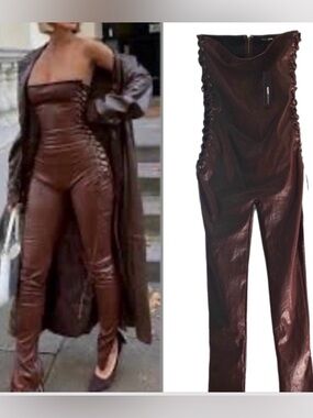 Fashion Nova Brown Faux Leather Strapless Lace-Up Jumpsuit